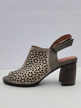 L'Artiste Spring Step Taupe Laser  Cut Leather  Block Heel Slingback Sandalas